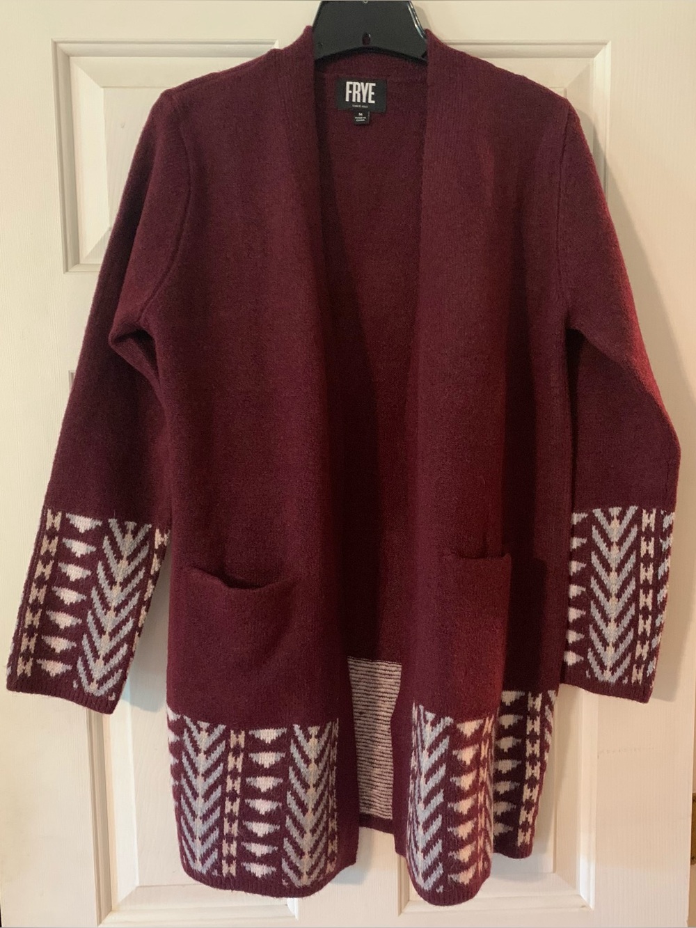 FRYE Women's Burgundy Open-Front Aztec Patterned Cardigan Sweater SZ M